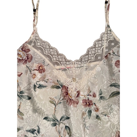 Vintage Floral Satin Lace Trim Chemise Nightgown Cream Pink Jacquard Sleeveless - Picture 3 of 6
